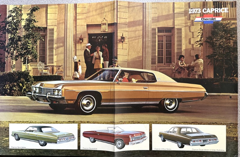 IMG_5922 | Merrick Auto Museum Golden 1973 Chevrolet Caprice sedan parked in front of a mansion while people chat at the entrance; four model thumbnails shown below.