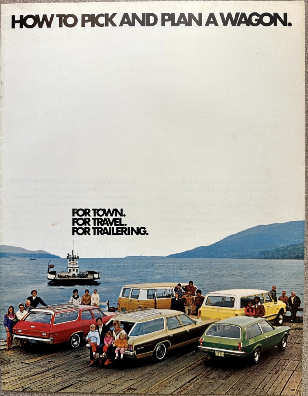IMG_5929 | Merrick Auto Museum Poster for travel planning with a group of vintage wagons parked on a dock by the water; top text reads 'HOW TO PICK AND PLAN A WAGON' and bottom text 'FOR TOWN. FOR TRAVEL. FOR TRAILERING.'