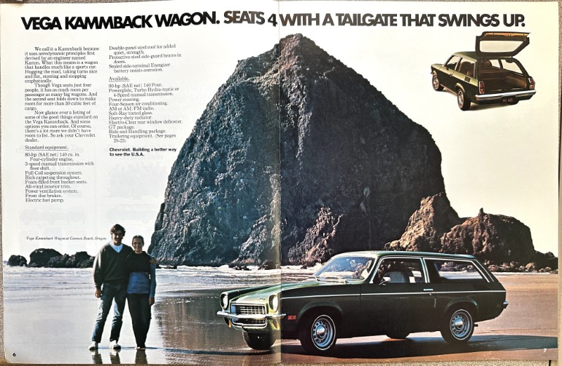 IMG_5930 | Merrick Auto Museum Vintage car ad showing a dark wagon on a sandy beach with a large rock formation; headline reads 'VEGA KAMBACK WAGON' at top.