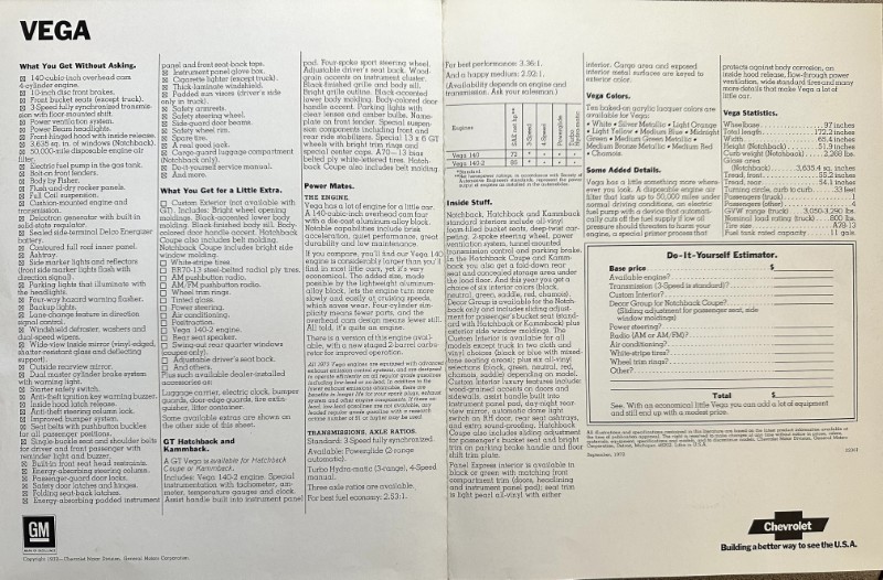 IMG_5939 | Merrick Auto Museum Two-page GM Vega brochure spread listing features, options, and specs with small print, logos, and charts.
