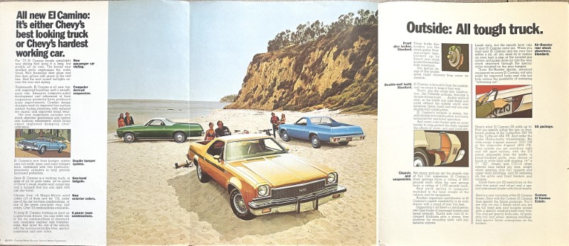 IMG_5948 | Merrick Auto Museum Vintage car advertisement spread on a beach: yellow convertible in foreground, other Chevy cars in teal and blue, cliff backdrop, with magazine text panels on the sides.