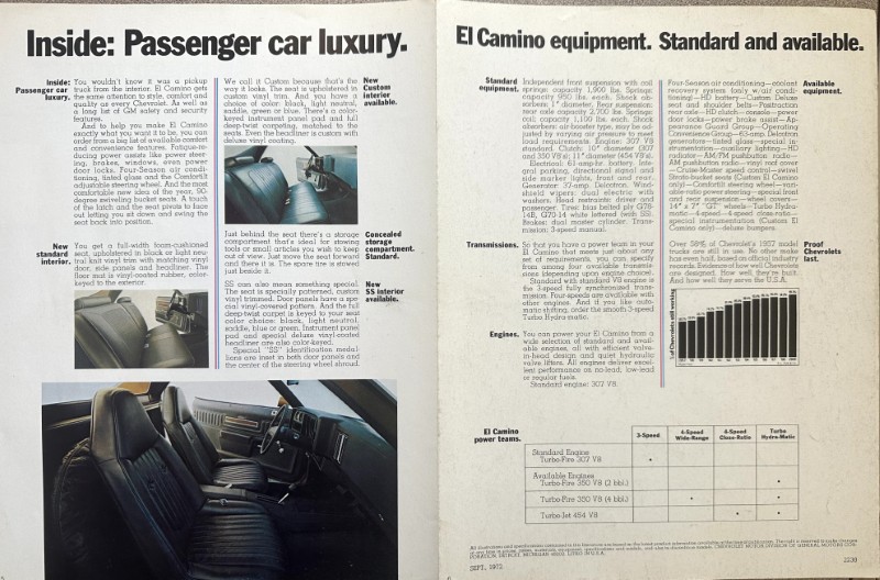 IMG_5949 | Merrick Auto Museum Two-page car brochure spread: left page titled 'Inside: Passenger car luxury' with photos of black leather front seats and car interior; right page 'El Camino equipment. Standard and available.' with columns of specs, a small bar chart, and a photo of the interior.