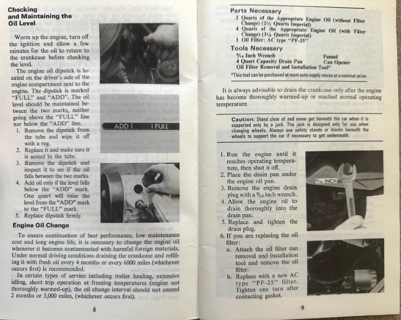 IMG_5962 | Merrick Auto Museum Two-page vehicle manual spread on checking engine oil level and performing an oil change, with dipstick photos and step-by-step instructions.