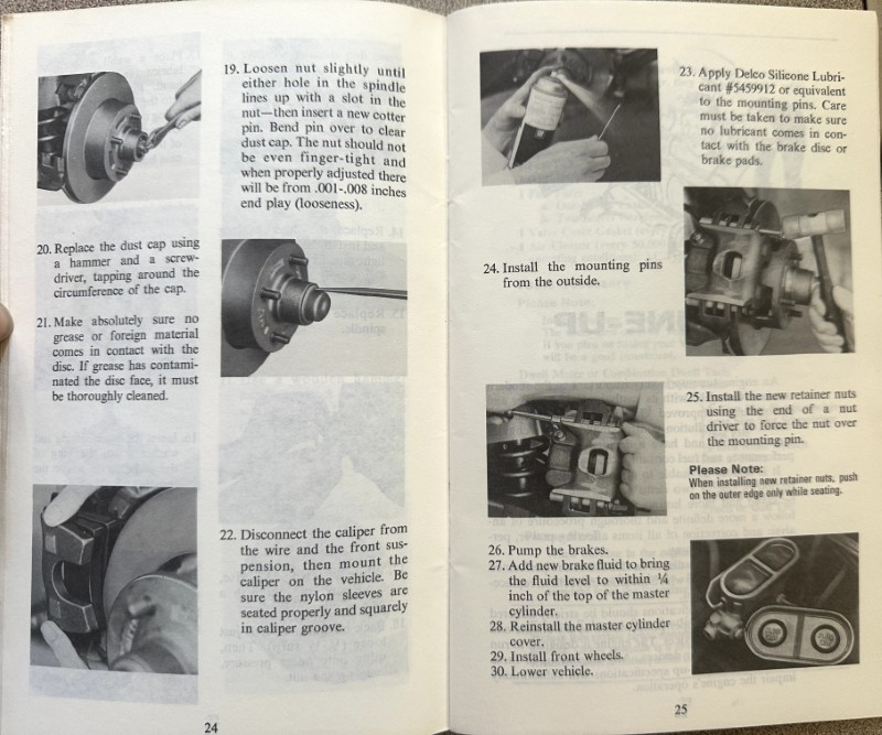 IMG_5963 | Merrick Auto Museum Two-page car repair manual opened to steps 19–30 with photos of dust cap, caliper, mounting pins, lubricant, and brake components, illustrating brake maintenance steps.