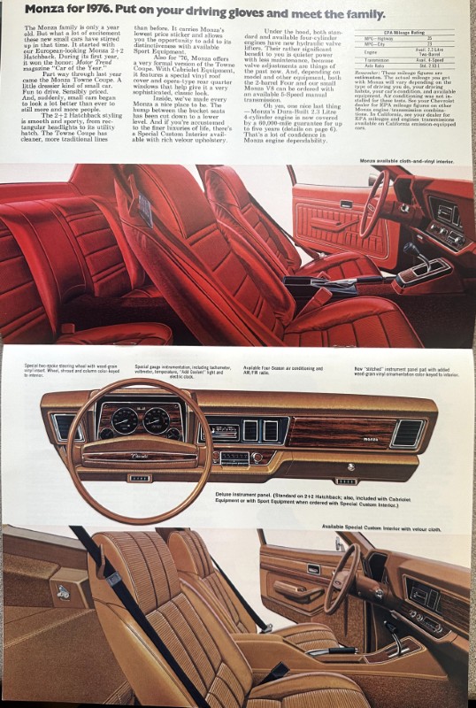 IMG_5987 | Merrick Auto Museum Promotional brochure page for the 1976 Monza featuring a red-velvet interior with bucket seats, wood-grain dashboard, and steering wheel; text blocks describe options and available custom interior.