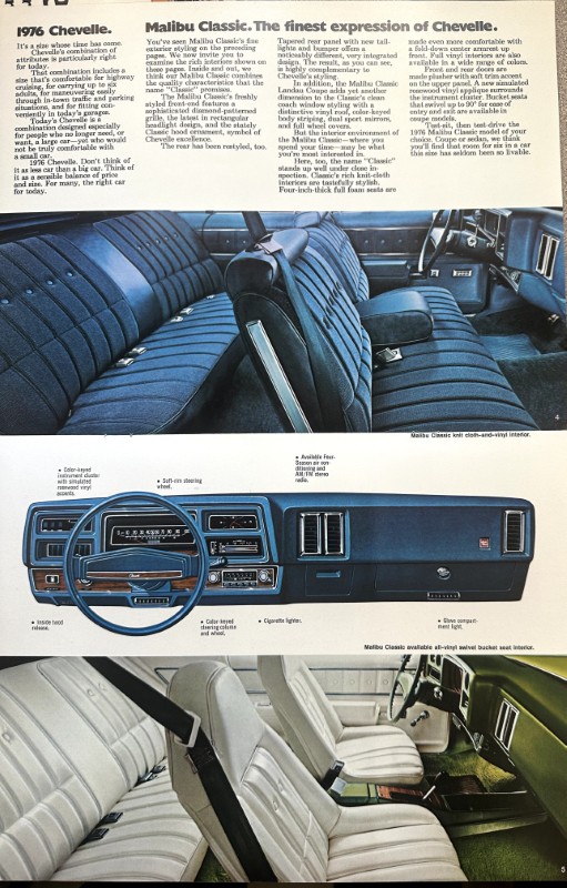 IMG_5991 | Merrick Auto Museum Advertisement page for the 1976 Chevelle Malibu Classic showing a blue interior with front bench seats and a blue dashboard.