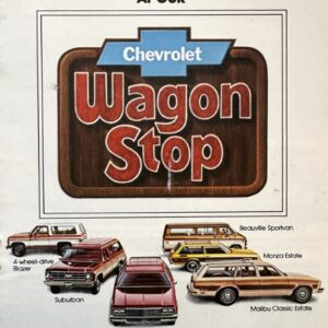 Vintage Chevrolet Wagon Stop advertisement featuring a large 'Wagon Stop' sign/logo with six station wagons lined up below and the caption 'Your complete shopping center for wagons.'