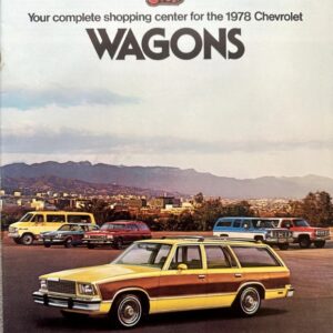 Cover of a Chevrolet Wagons brochure showing a yellow wood-paneled station wagon in the foreground with a cityscape and mountains in the background, and the word 'WAGONS' prominently displayed.