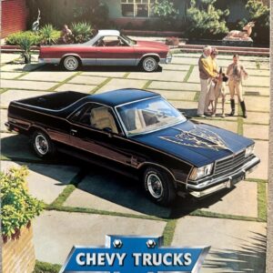 Magazine cover titled '79 El Camino' showing a black El Camino in a driveway with a blue 'Chevy Trucks' badge, a red car in the background, and people near the house.