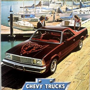 Maroon Chevrolet El Camino parked on a wooden dock beside sailboats; magazine cover reads '80 EL CAMINO' and 'CHEVY TRUCKS'.