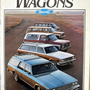 Chevrolet wagon lineup on a curved road, 1980 Wagons advertisement cover with a blue station wagon in front.