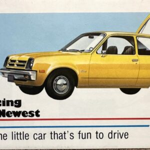Vintage Chevrolet ad showing a yellow Chevette with its hatch open and the slogan: 'Chevette...the little car that's fun to drive'.
