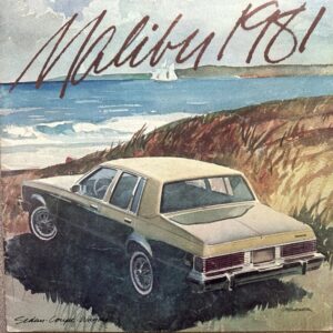 Vintage coastal car poster: beige sedan on a dune with the sea and a small sailboat in the distance, handwritten script across the top.