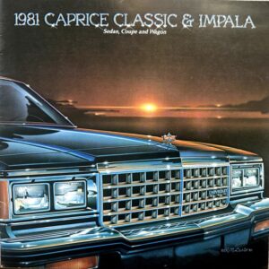 Front view of a 1981 Chevrolet Caprice Classic & Impala with chrome grille and dual headlights on a retro poster background.