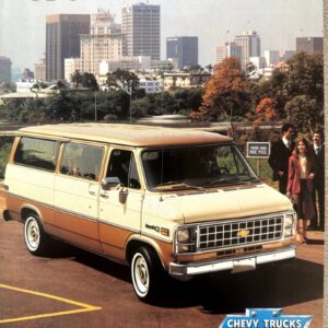 1981 Chevy Sportvan in a parking lot with a city skyline; people nearby; ad slogan 'Chevy Trucks — An Important Step Ahead'