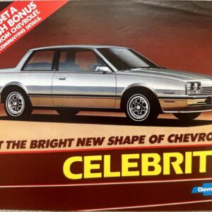 Advertisement for Chevrolet Celebrity featuring a silver sedan on a brown-red background with the bold yellow word 'CELEBRITY' and the headline 'MEET THE BRIGHT NEW SHAPE OF CHEVROLET'.