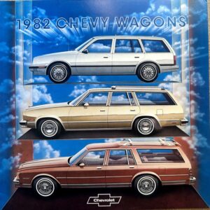 Poster showing three 1982 Chevrolet wagons stacked in a blue sky collage; top light blue, middle tan, bottom brown with a roof rack; '1982 CHEVY WAGONS' text and Chevrolet logo.