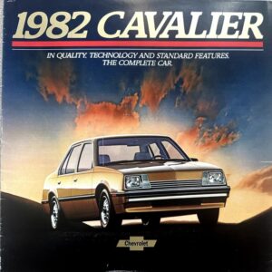 1982 Chevrolet Cavalier brochure cover featuring a gold sedan against a dramatic sunset sky with the bold '1982 Cavalier' title above.
