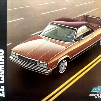 Box cover illustration of a bronze 1982 Chevy El Camino driving on a road, viewed from above, with the '82 Chevy El Camino' title on the side.