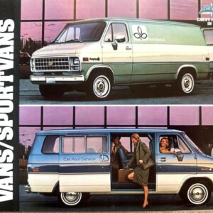 Magazine cover showing two vintage Chevy vans; top: pale green/beige rental van with Plant Rentals logo, bottom: blue/white pool-service van with passengers exiting.
