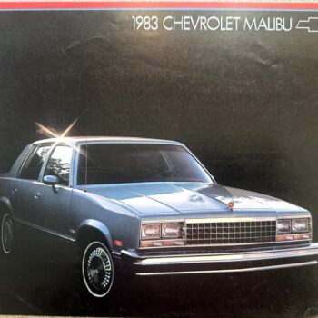 1983 Chevrolet Malibu brochure cover with a blue four-door sedan against a dark background.