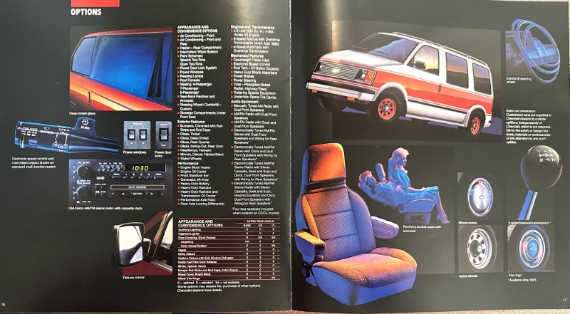IMG_6097 | Merrick Auto Museum Spread from a vehicle brochure showing a white-red minivan, blue interior seats, dashboard controls, and wheel components.