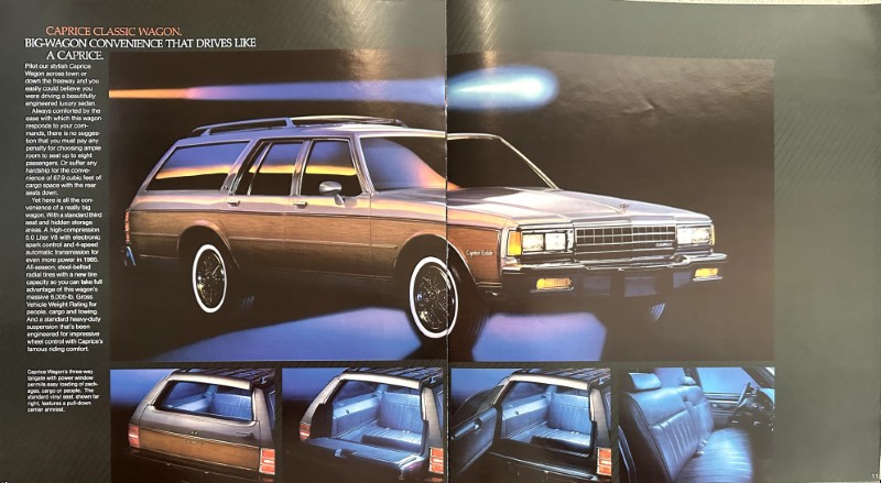 IMG_6099 | Merrick Auto Museum Caprice Classic Wagon advertisement showing a brown wood-paneled station wagon with blue interior, plus interior-detail shots at the bottom of the spread.
