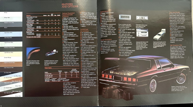 IMG_6100 | Merrick Auto Museum Two-page car brochure spread showing color options on the left, spec tables in the center, and a rear three-quarter view of a black-red classic car on the right.
