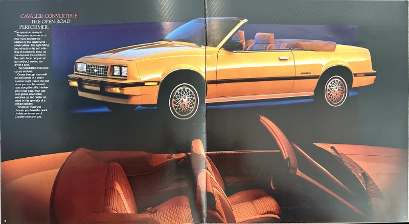 IMG_6102 | Merrick Auto Museum Yellow Cavalier convertible with top down, showing tan leather interior and alloy wheels, set against a dark backdrop (spread ad image).
