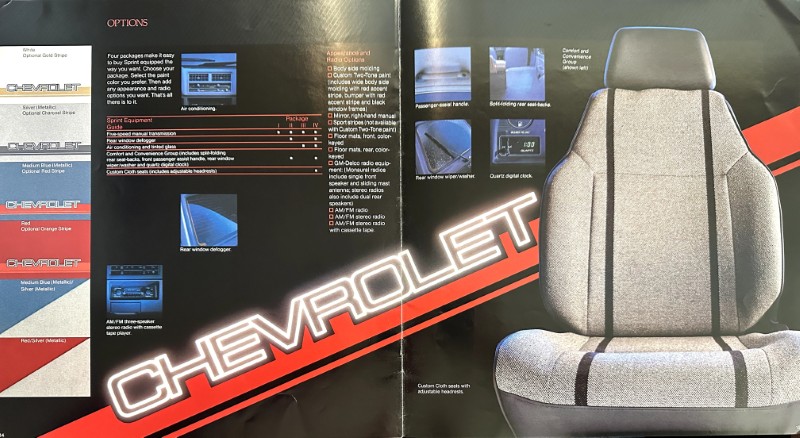 IMG_6109 | Merrick Auto Museum Chevrolet brochure page showing a gray car seat on the right and feature callouts with a diagonal CHEVROLET logo across a dark background on the left.