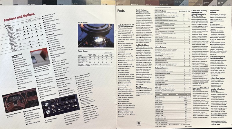 IMG_6118 | Merrick Auto Museum Two-page car brochure spread showing 'Features and Options' on the left with interior photos and a steering wheel; right page lists specifications in tables.