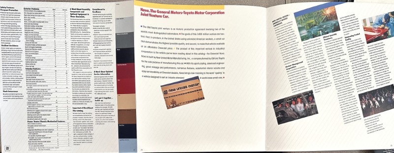 IMG_6124 | Merrick Auto Museum Open magazine spread showing a left page with dense tabular data, a center article with text and a small image, and right pages with photos and text columns.