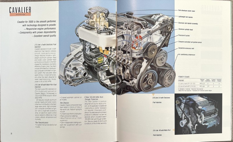 IMG_6148 | Merrick Auto Museum Cross‑section view of a Cavalier engine cutaway spanning two pages, showing labeled components and technical notes in a brochure.