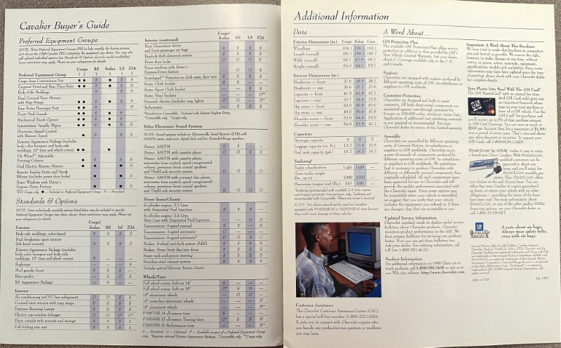 IMG_6182 | Merrick Auto Museum Two-page Cavalier Buyer’s Guide spread with equipment tables on the left and 'Additional Information' on the right; includes a photo of a man at a computer.