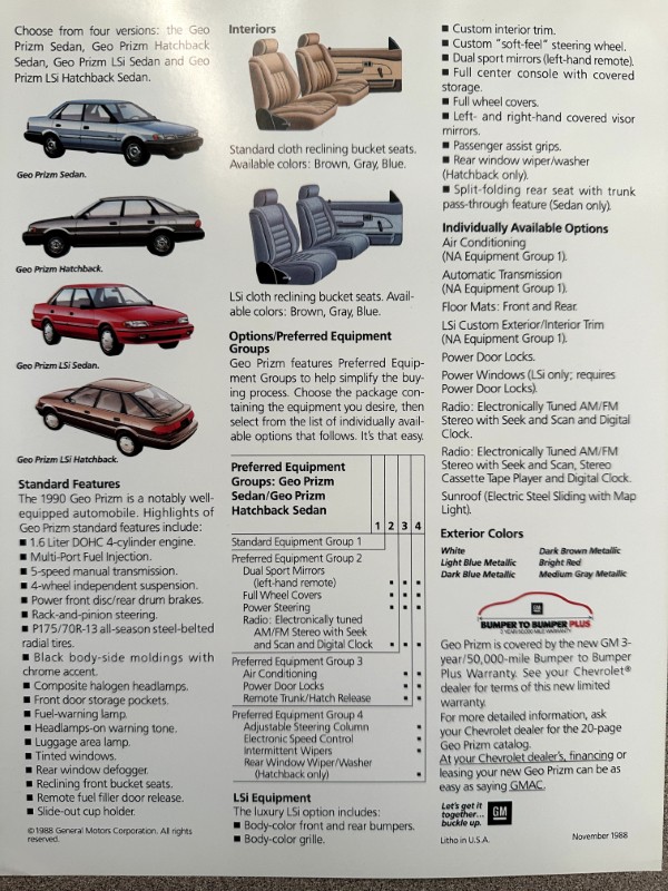 IMG_6226 | Merrick Auto Museum Informational brochure page showing Geo Prizm car models, interior options, and features list.