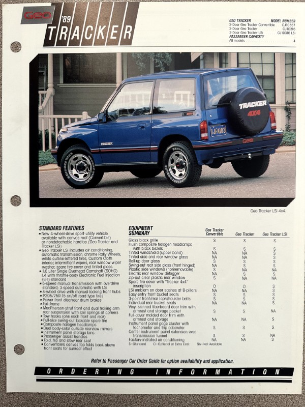 IMG_6230 | Merrick Auto Museum Blue Geo Tracker 4x4 SUV pictured in a brochure page with specifications and ordering information nearby in small print.