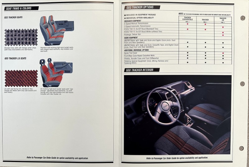 IMG_6232 | Merrick Auto Museum Two-page brochure page: left features seat trims and fabric swatches for Geo Tracker; right shows option table and interior photo.