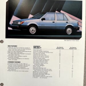 Light-blue Geo Spectrum 4-door sedan on a brochure page with features and availability chart
