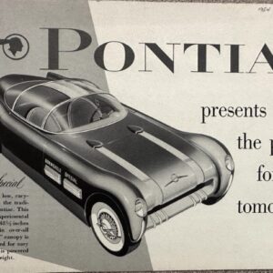 Vintage Pontiac advertisement with a sleek concept car and the headline 'Pontiac presents the pattern for tomorrow...'