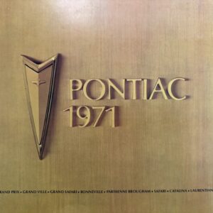 Gold-toned Pontiac 1971 emblem with logo and 'PONTIAC 1971' text on a brass background; model names listed at the bottom