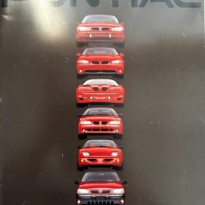Poster advertisement showing a vertical stack of six red Pontiac cars against a dark background, with the slogan 'DRIVING EXCITEMENT' at the top and the Pontiac logo faintly in the background.