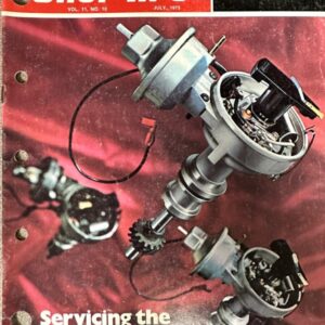 Magazine cover: 'Shop Tips' by Motorcraft/Ford (July 1973) showing disassembled distributor parts with the headline 'Servicing the Distributor...'