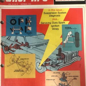 Cover of a vintage 1976 Motorcraft Shop Tips magazine with diagrams of car suspension components and repair tips on a red background.