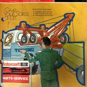Cover of Shop Tips magazine featuring a tow truck crane lifting a car with a mechanic in green overalls nearby on a yellow background, vintage Ford/Motorcraft design.