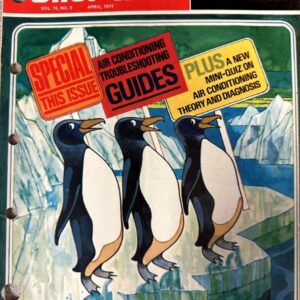 Shop Tips magazine cover (April 1977) featuring three penguins on ice, with banners reading 'Special This Issue', 'Air Conditioning Troubleshooting Guides', and 'Plus a mini-quiz on air conditioning theory and diagnosis'.
