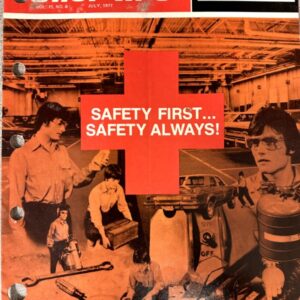 Cover of Shop Tips magazine (July 1977) with a red cross and the headline 'Safety First... Safety Always!' in a workshop scene featuring Ford/Motorcraft branding.
