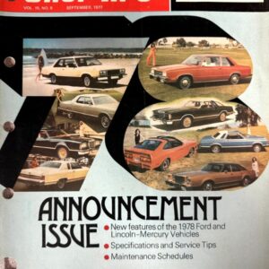 Magazine cover: Shop Tips from September 1977, featuring a collage of 1970s Ford cars and the headline 'Announcement Issue' with bullet points about 1978 Ford/Lincoln‑Mercury features, specs and maintenance schedules.