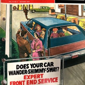 Retro Shop Tips magazine cover featuring a blue car with passengers; sign asks if car wanders, promising expert front-end service.