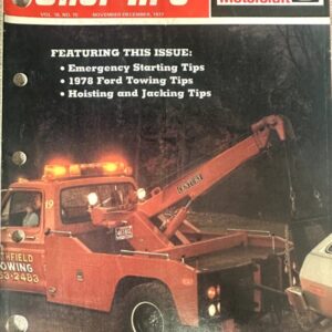 Shop Tips magazine cover featuring a red tow truck lifting a car with its boom, November/December 1977 issue, emergency towing tips listed on the cover.