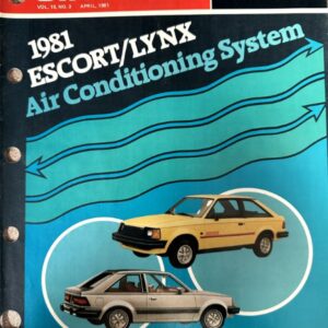Shop Tips magazine cover highlighting the 1981 Escort/Lynx air conditioning system feature with two cars and the Motorcraft Ford logo, April 1981 edition.